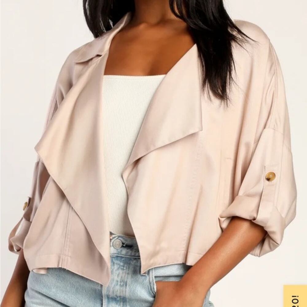 Lulus Tencel Draped Open Front Cropped Jacket Blush Nude Neutral Size XS Soft